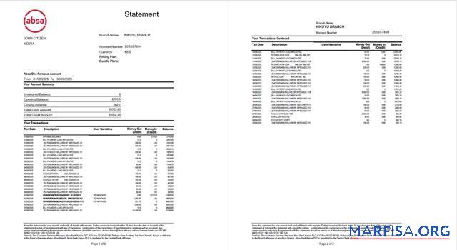 Realistic Kenya Absa bank statement word 2 pages sample